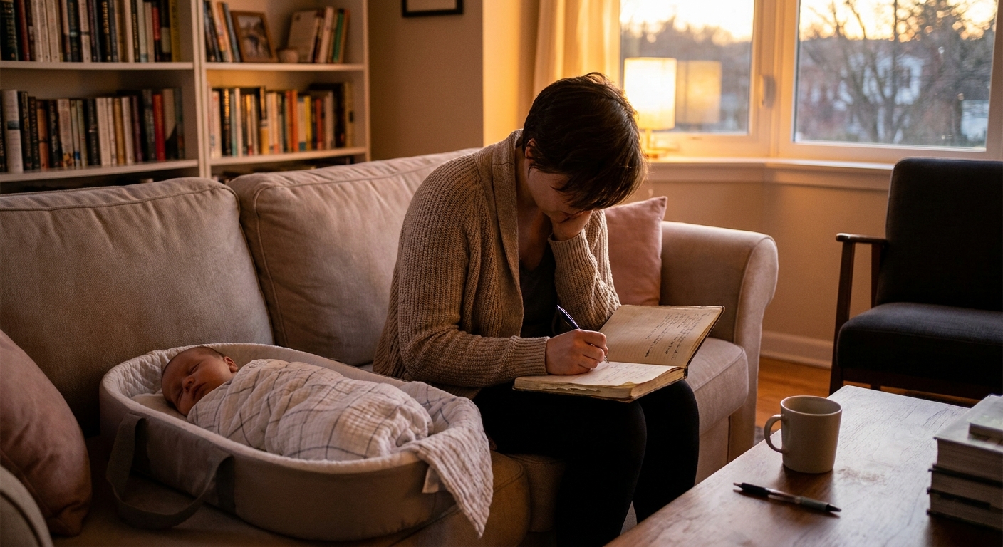 A parent sitting on a couch with a sleeping baby nearby, writing down feeding times and wet diaper counts in a notebook, soft evening light