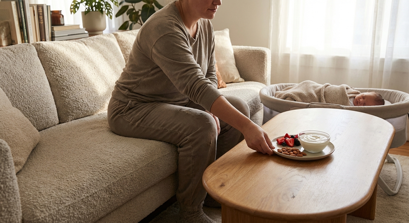 A parent sitting on a couch with a sleeping newborn nearby, reaching for a plate with a balanced snack including yogurt, fruit, and nuts on a coffee table, soft morning light, photorealistic lifestyle