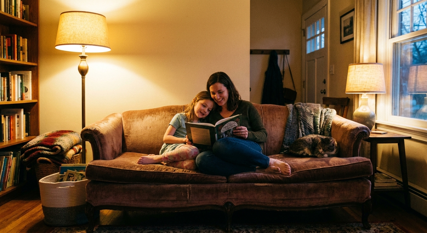 A parent sitting on a living room couch with a school-age child leaning close while they read a book together in the evening, warm lamplight, real photograph
