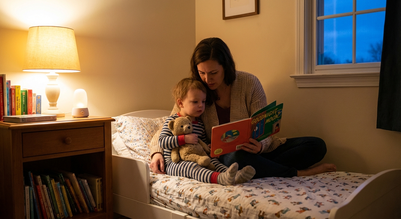 A parent sitting on a toddler bed reading a picture book while the toddler hugs a stuffed animal, soft warm lighting and a calm bedtime routine atmosphere, realistic lifestyle photograph
