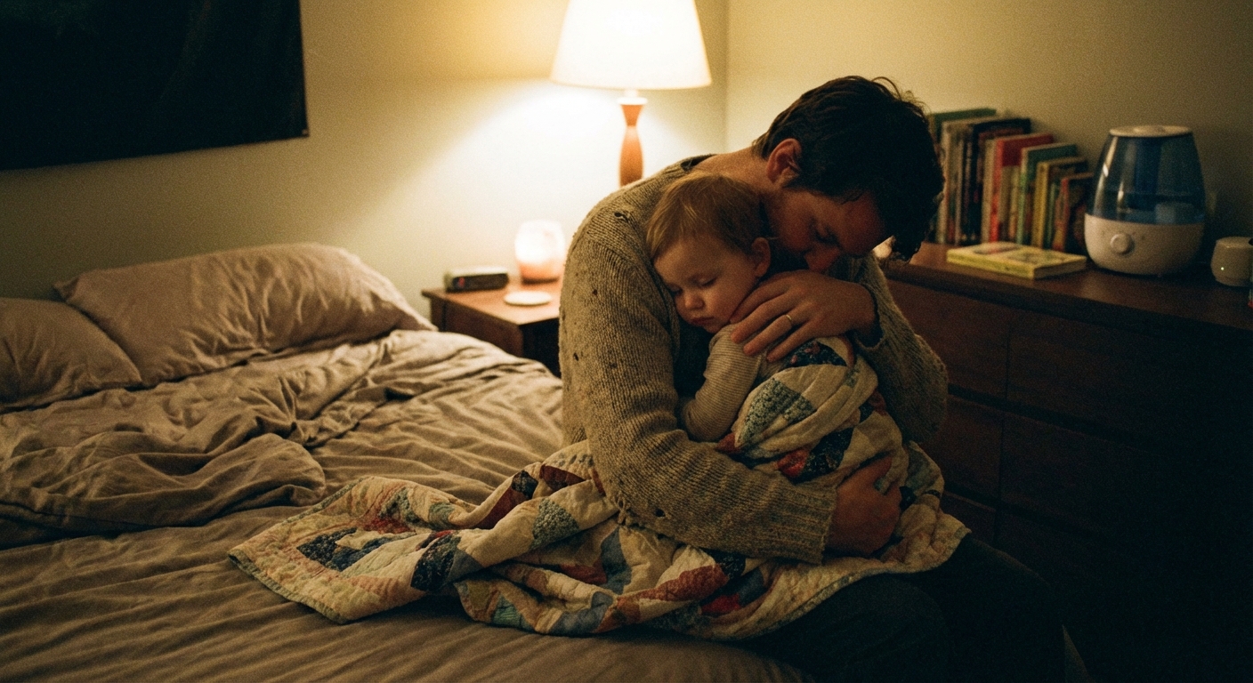 A parent sitting on the edge of a bed comforting a sick toddler wrapped in a blanket, the parent holding the child close in a softly lit bedroom, candid family photo