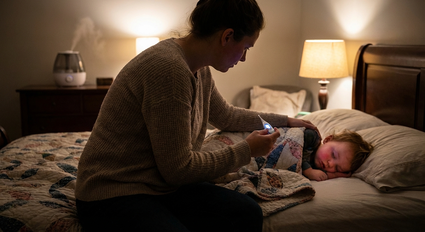 A parent sitting on the edge of a bed holding a digital thermometer while checking on a sleeping toddler, warm low bedroom light, realistic candid photo