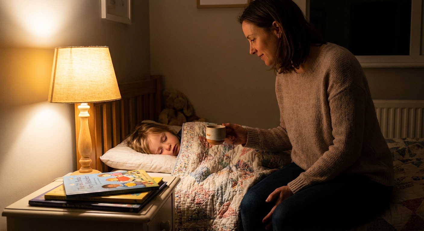 A parent sitting on the edge of a child's bed offering a small cup of water while the child rests under a blanket, warm bedside lamp lighting, realistic photo