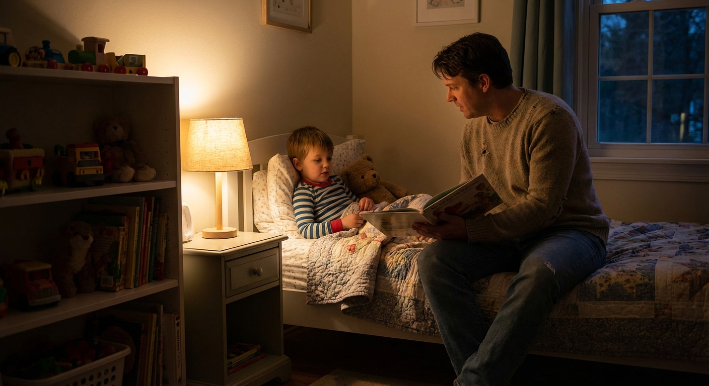 A parent sitting on the edge of a child’s bed reading a bedtime story to a preschool-aged child in a softly lit bedroom at night, cozy candid family photo style
