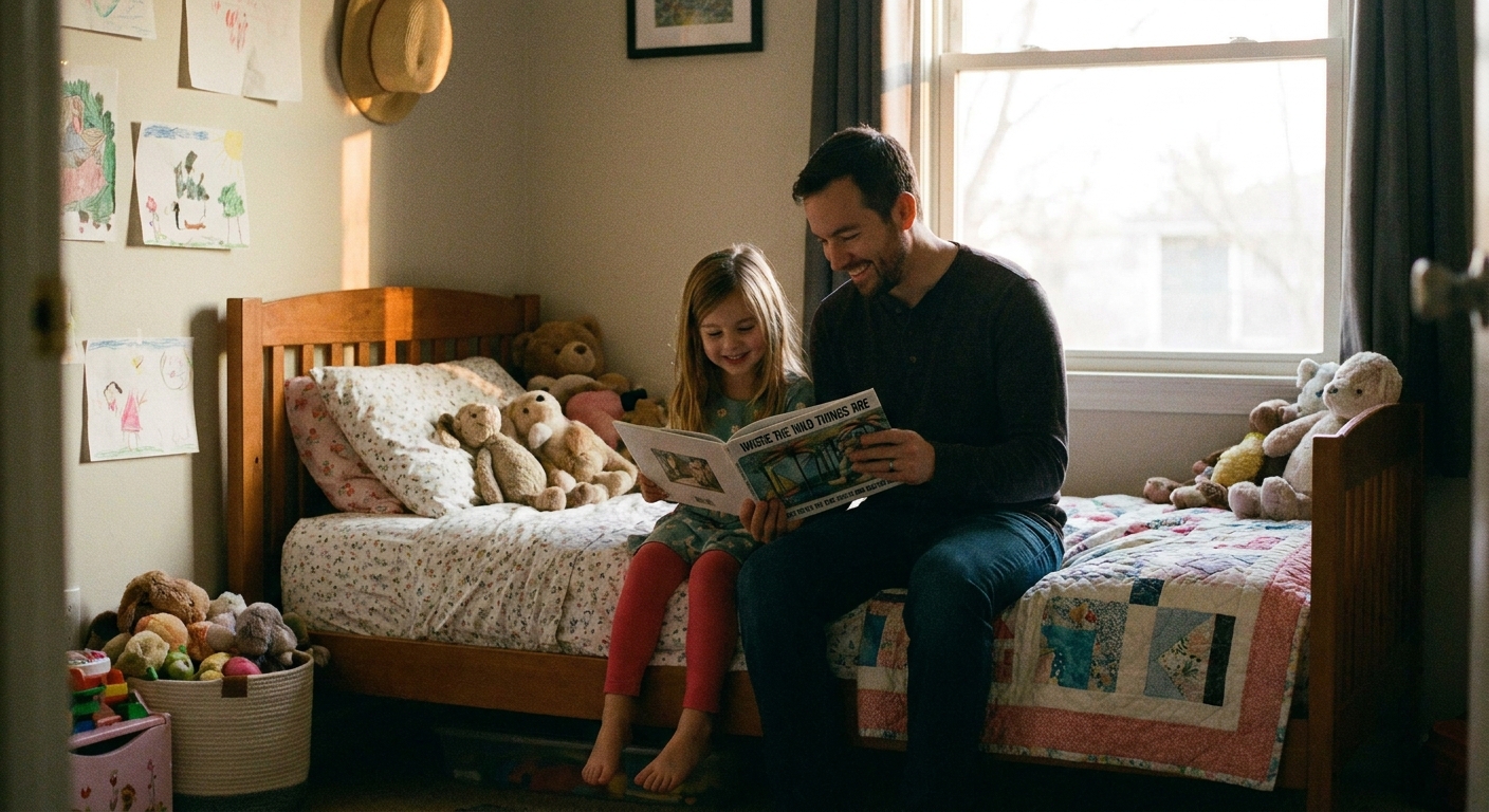 A parent sitting on the edge of a child’s bed reading a book together in soft evening light, candid home photo