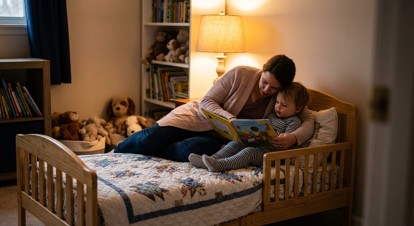 A parent sitting on the edge of a toddler bed reading a picture book to a toddler in pajamas, warm bedside lamp lighting, photorealistic lifestyle photography