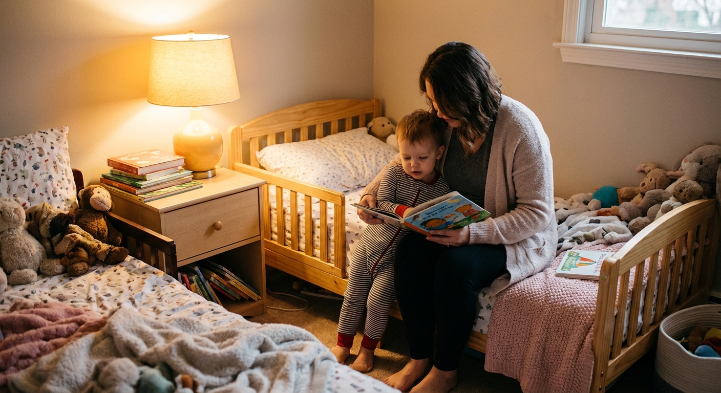 A parent sitting on the edge of a toddler bed reading a picture book to a calm toddler in pajamas, warm lamp light in a cozy bedroom, realistic lifestyle photo