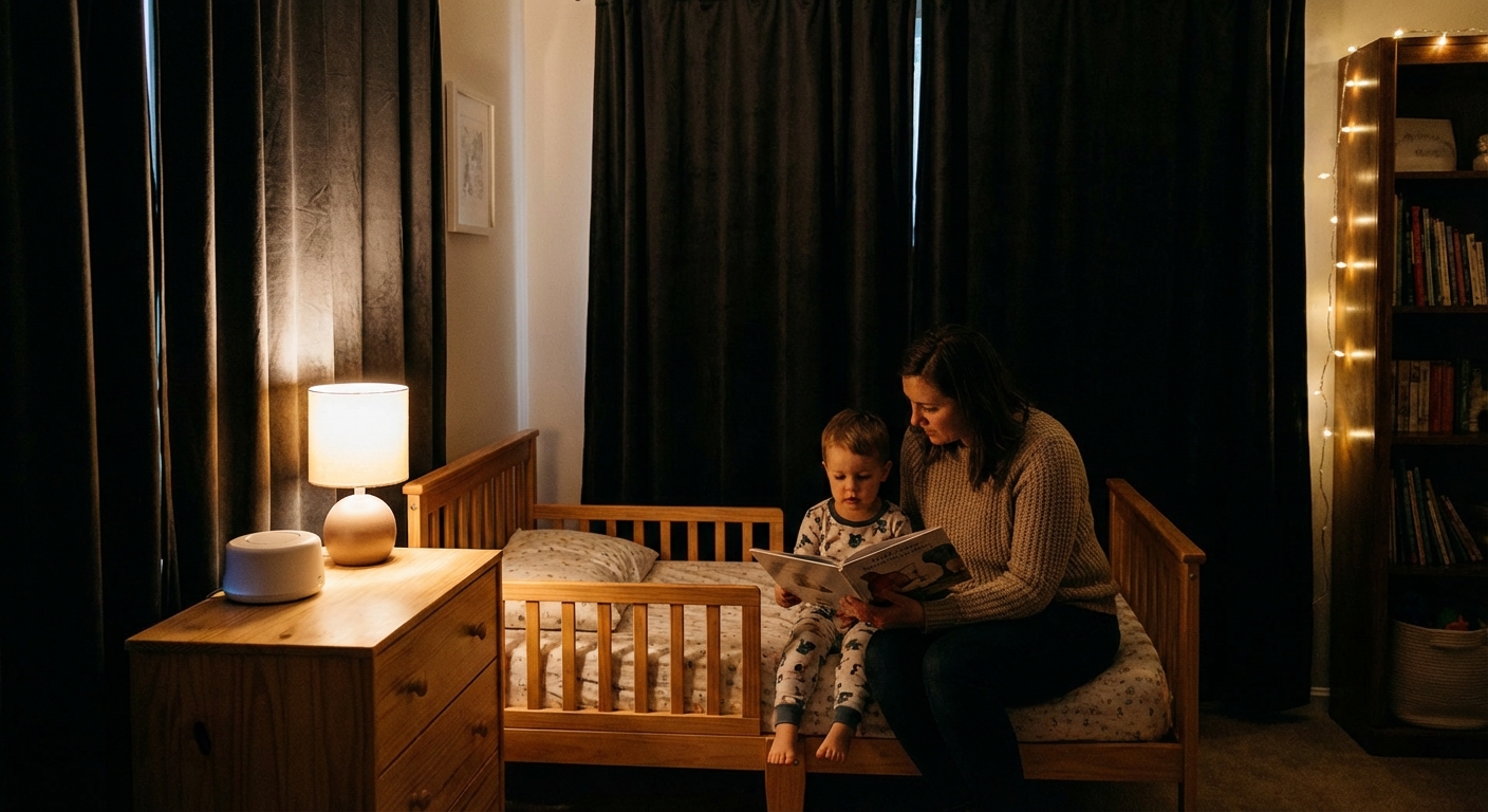 A parent sitting on the edge of a toddler bed reading a picture book in a softly lit room with blackout curtains and a white noise machine on a dresser, cozy candid photo