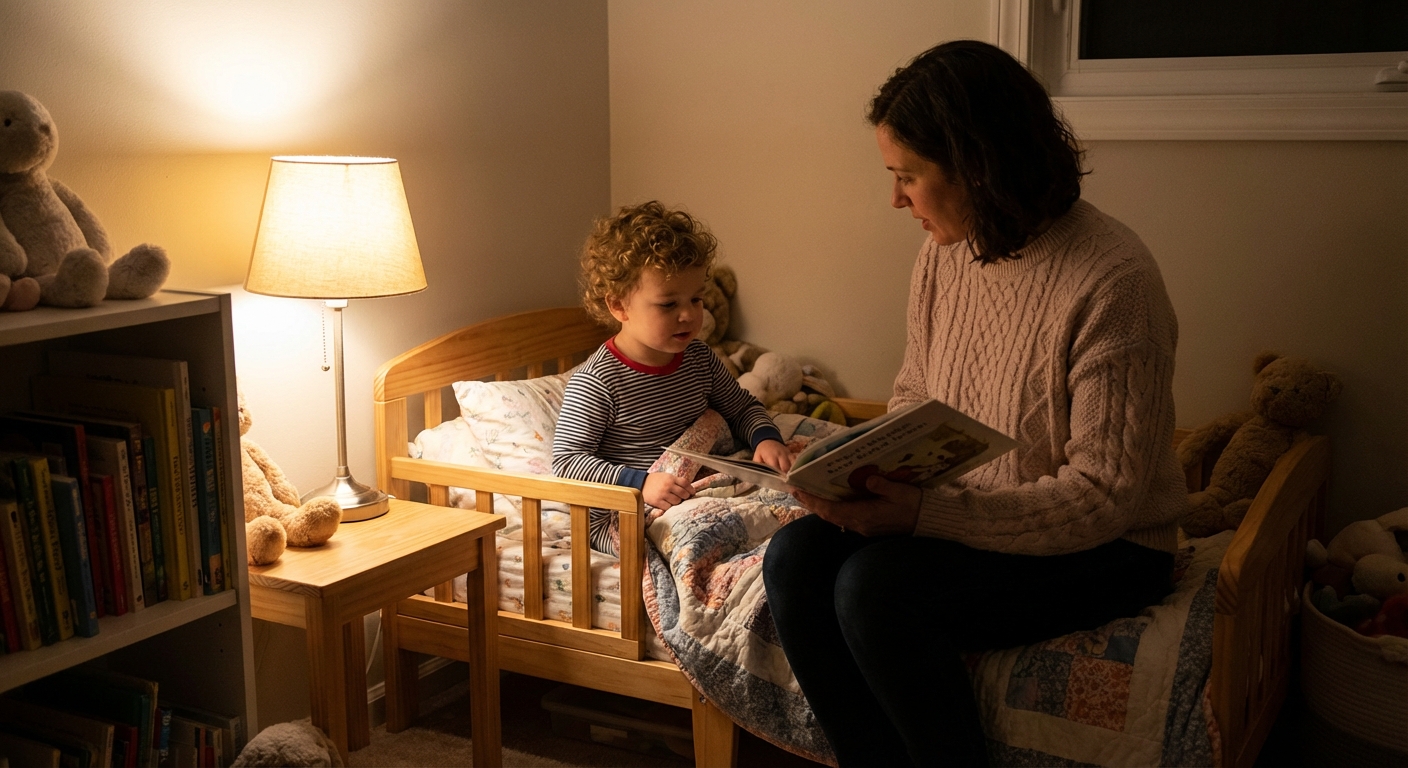 A parent sitting on the edge of a toddler’s bed reading a bedtime story in a dim, cozy room with warm lamp light, photorealistic