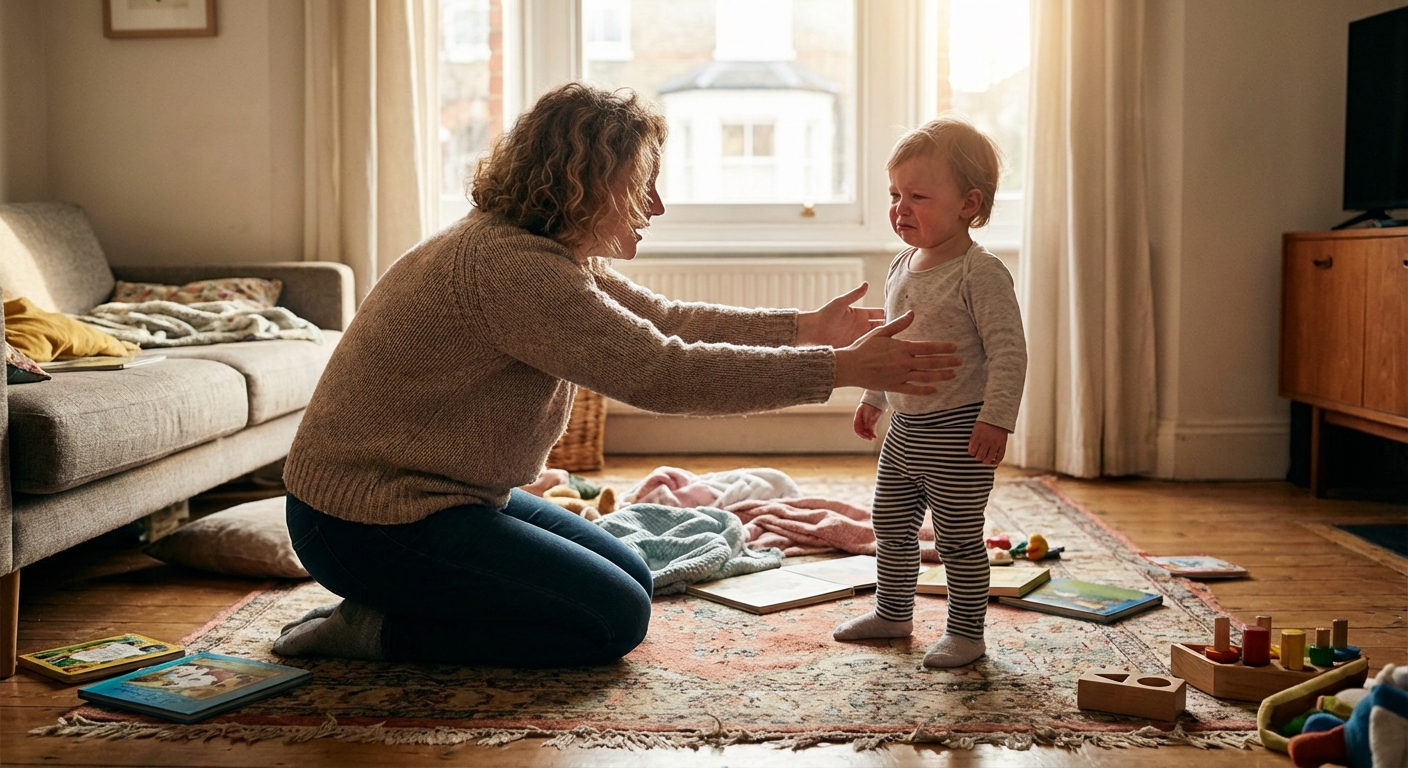 A parent sitting on the floor beside a toddler who looks upset, offering a hug and comfort in a cozy living room with natural light, realistic lifestyle photograph