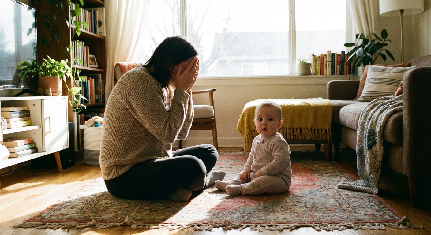 A parent sitting on the floor playing peekaboo with a baby, the parent’s hands covering their face while the baby watches with wide eyes, cozy living room, natural light