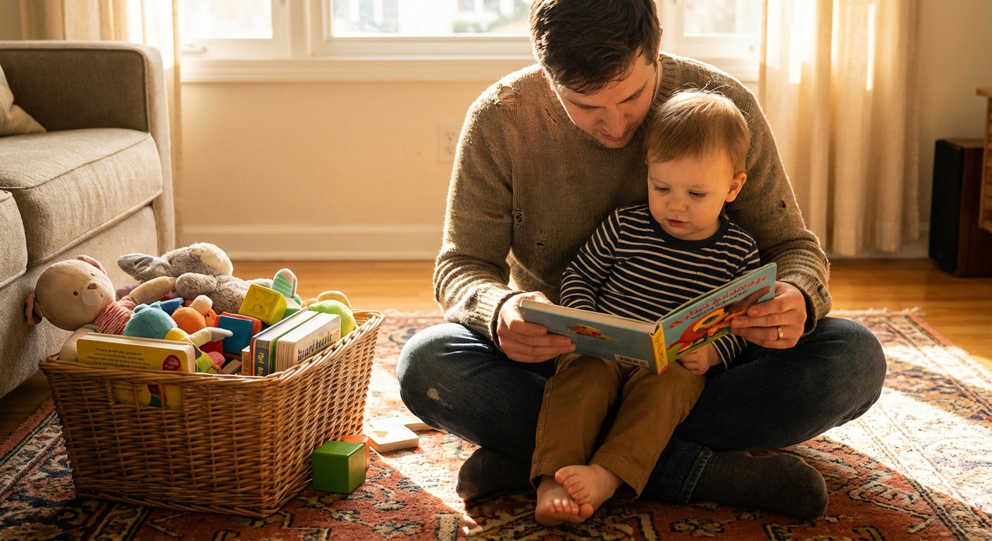 A parent sitting on the floor reading a picture book to a toddler next to a basket of toys, cozy afternoon light, candid family photo