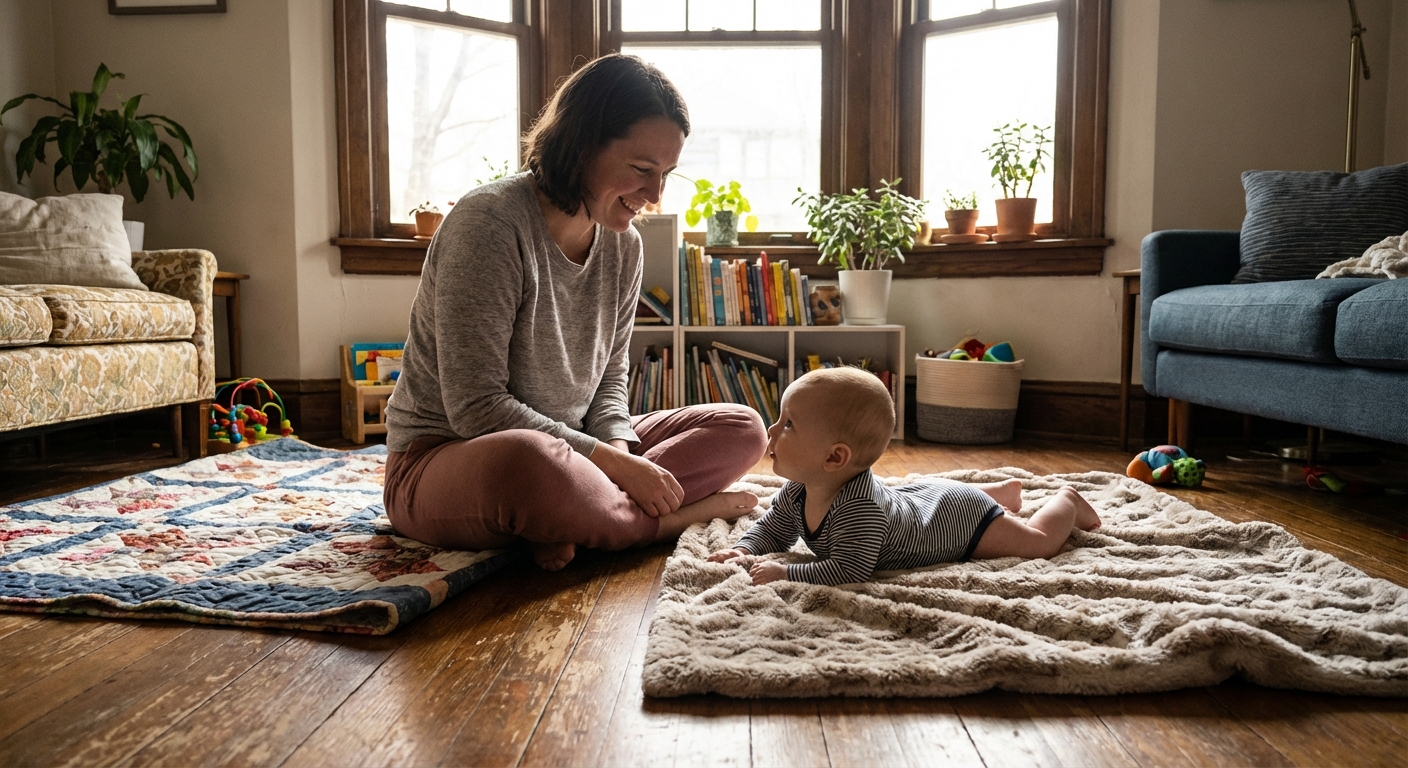 A parent sitting on the floor supervising a baby doing tummy time on a soft blanket in a bright living room, real photography style