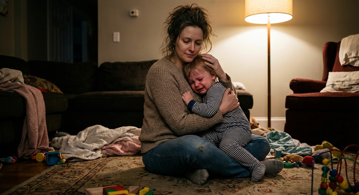 A parent sitting on the floor with a crying toddler in their lap, the parent offering a calm hug in a softly lit home, realistic candid family photo