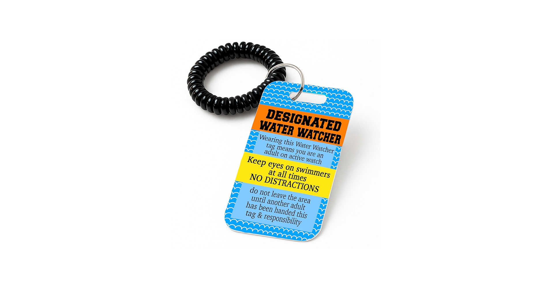 A parent sitting poolside wearing a water watcher wristband while closely watching children swim in an outdoor pool, real-life photography style