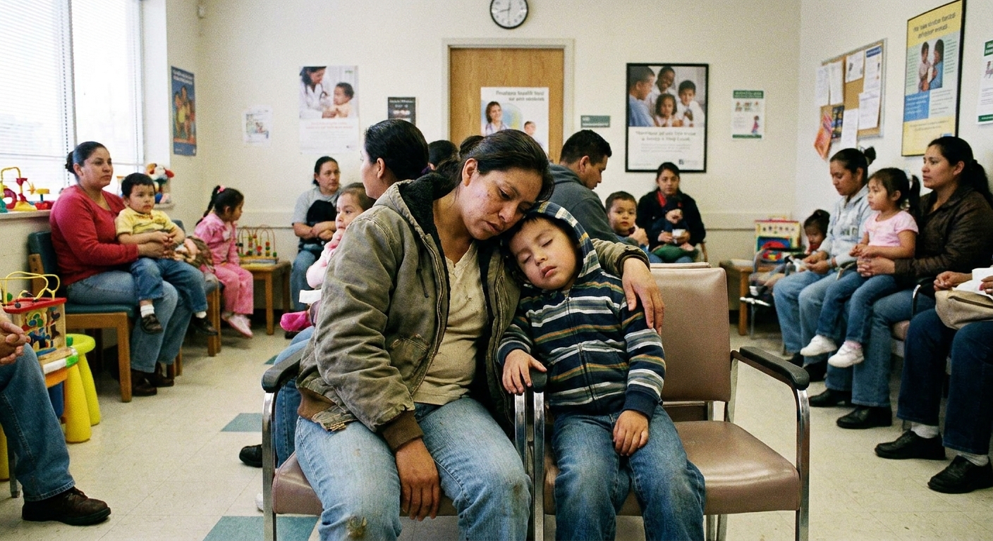 A parent sitting with a child in a pediatric clinic waiting room, the child leaning tiredly against the parent’s shoulder, documentary photo style