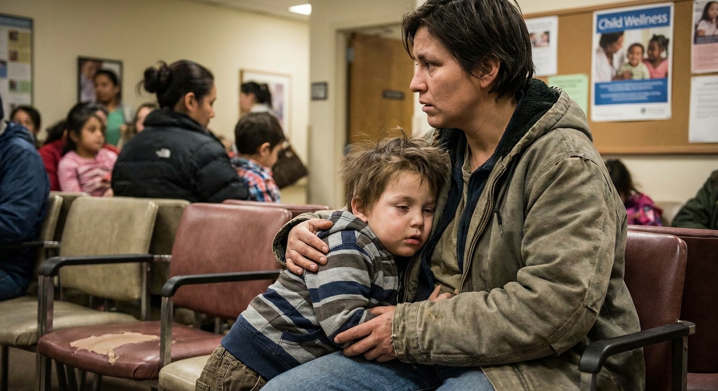 A parent sitting with a child in a pediatric clinic waiting room, the child leaning against the parent looking fatigued, documentary-style photo