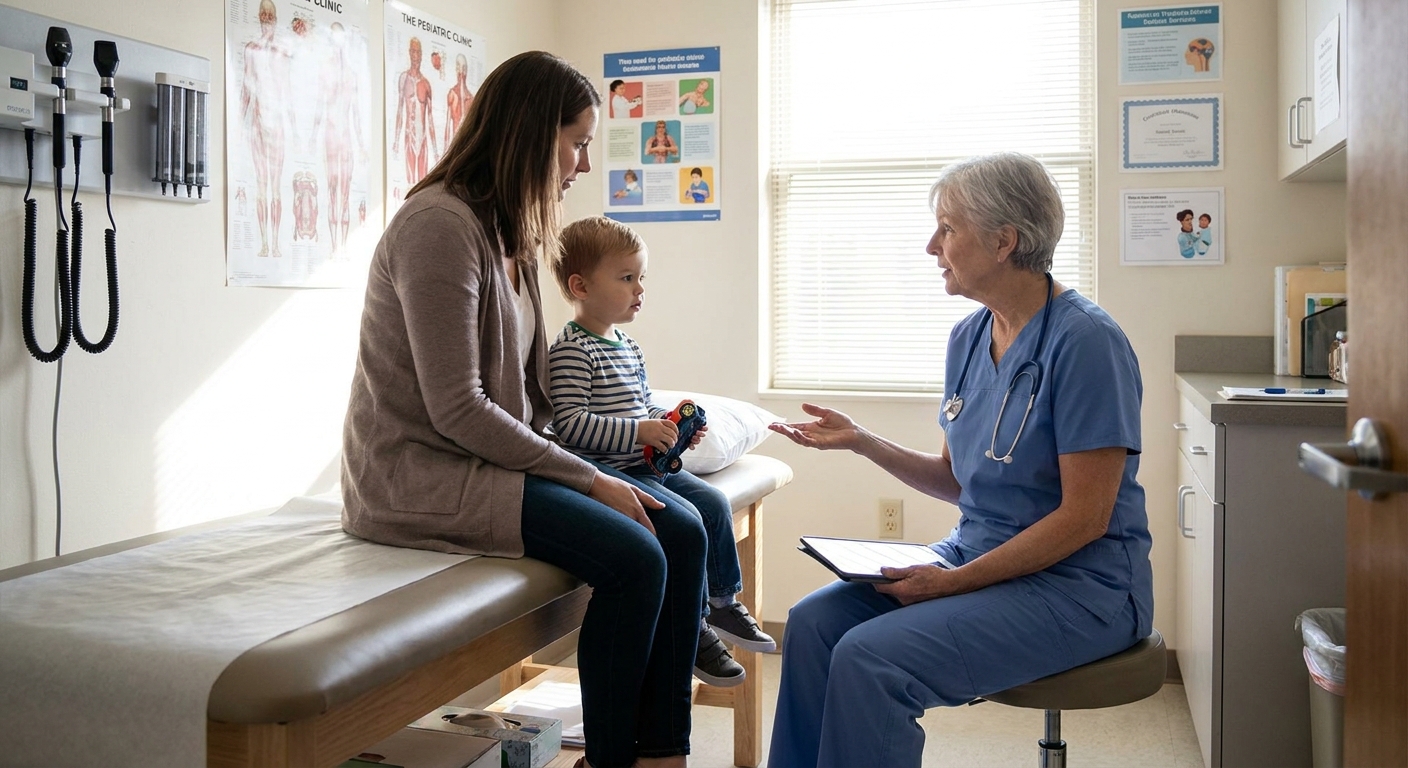 A parent sitting with a preschooler in a pediatric clinic exam room while a pediatrician speaks calmly, documentary-style photo