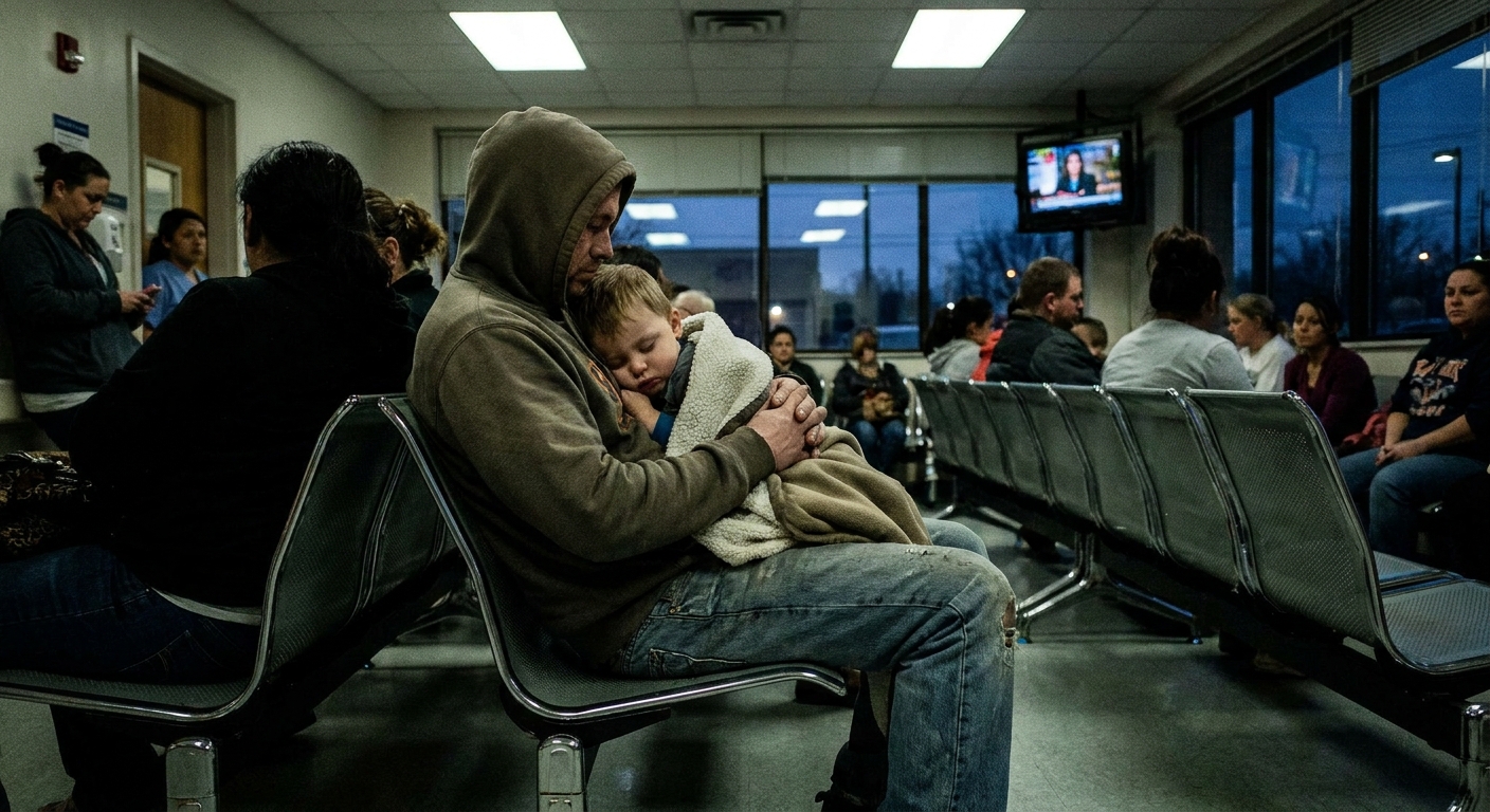 A parent sitting with a sleepy child in their lap in a hospital emergency department waiting room, evening lighting, real-life documentary photo style