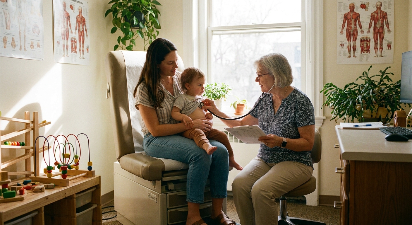 A parent sitting with a toddler on their lap in a pediatrician office while the doctor listens and reviews notes, warm natural light, real photograph style