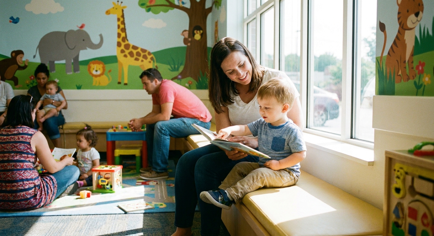 A parent sitting with a young child in a bright pediatric clinic waiting room, calm candid moment, real photography style