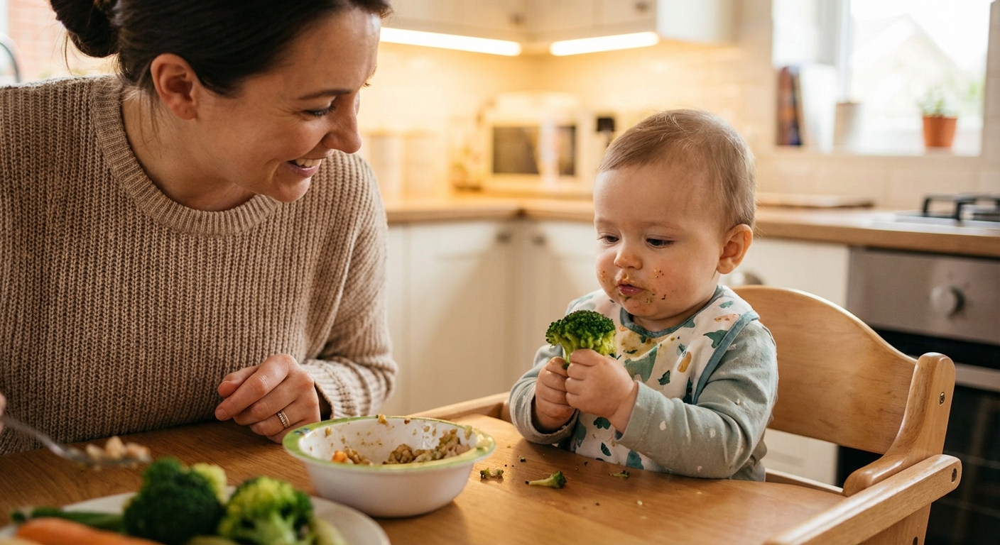 A parent smiling at a baby in a high chair during mealtime, the baby holding a soft piece of steamed broccoli, warm indoor lighting, candid lifestyle photograph