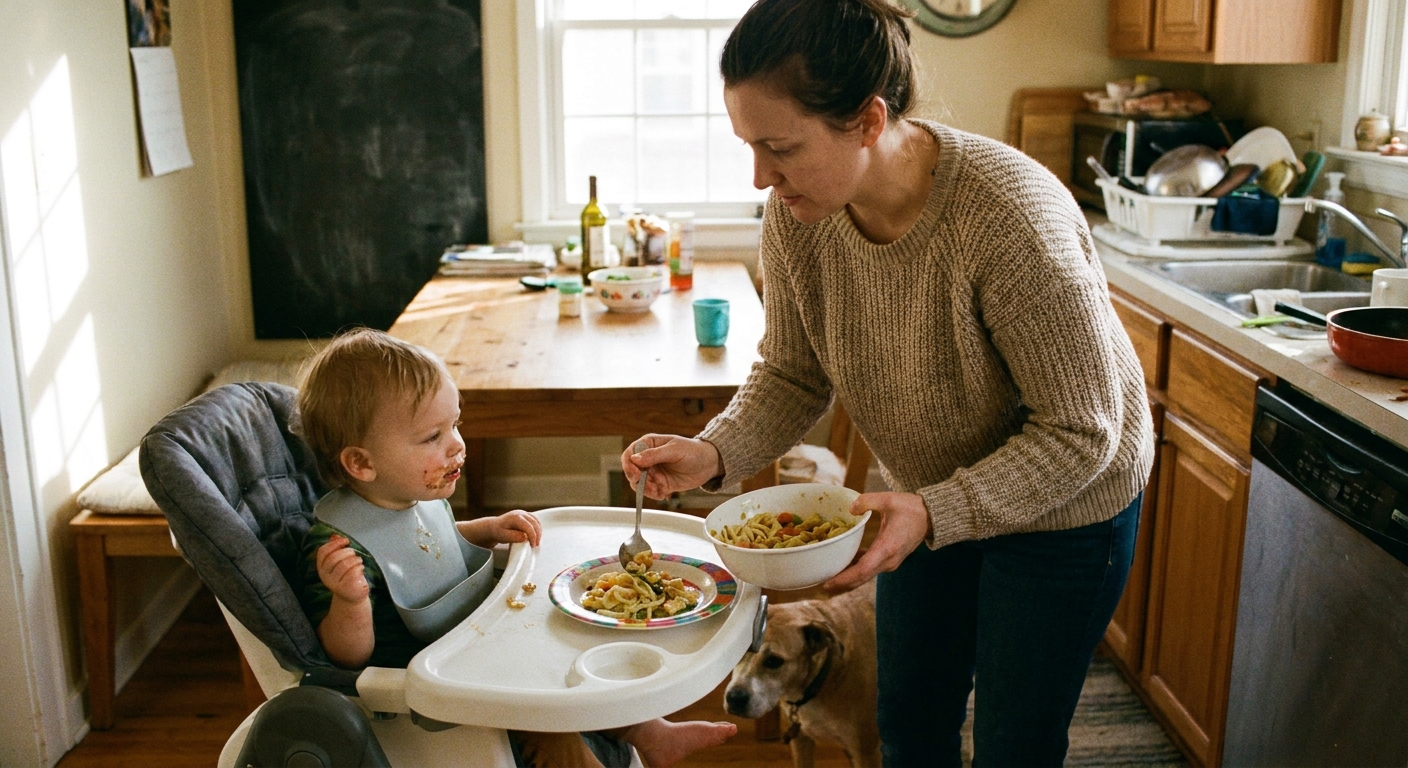 A parent spooning soft pasta onto a small plate for a toddler in a home kitchen