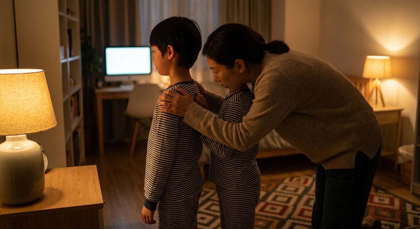A parent standing behind an elementary school aged child in a softly lit bedroom, observing shoulder and hip alignment while the child stands naturally