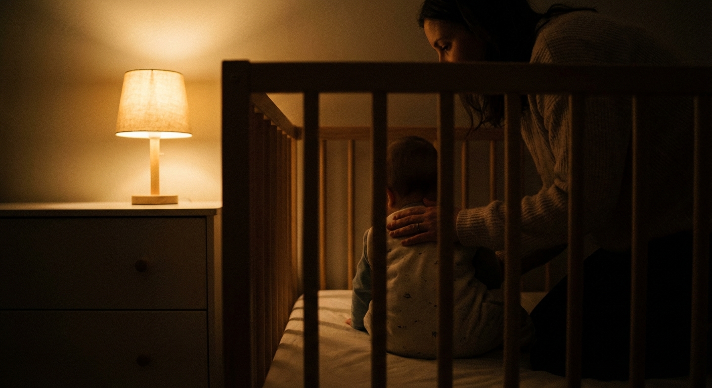 A parent standing beside a crib at night gently patting a baby through the crib rails in a dim room, soft lamp light, photorealistic