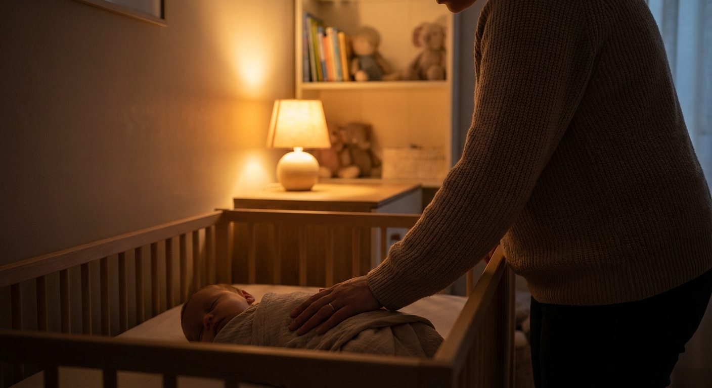 A parent standing beside a crib at night with a hand resting gently on the baby’s back, the room dim with a small lamp, calm reassuring mood, photorealistic