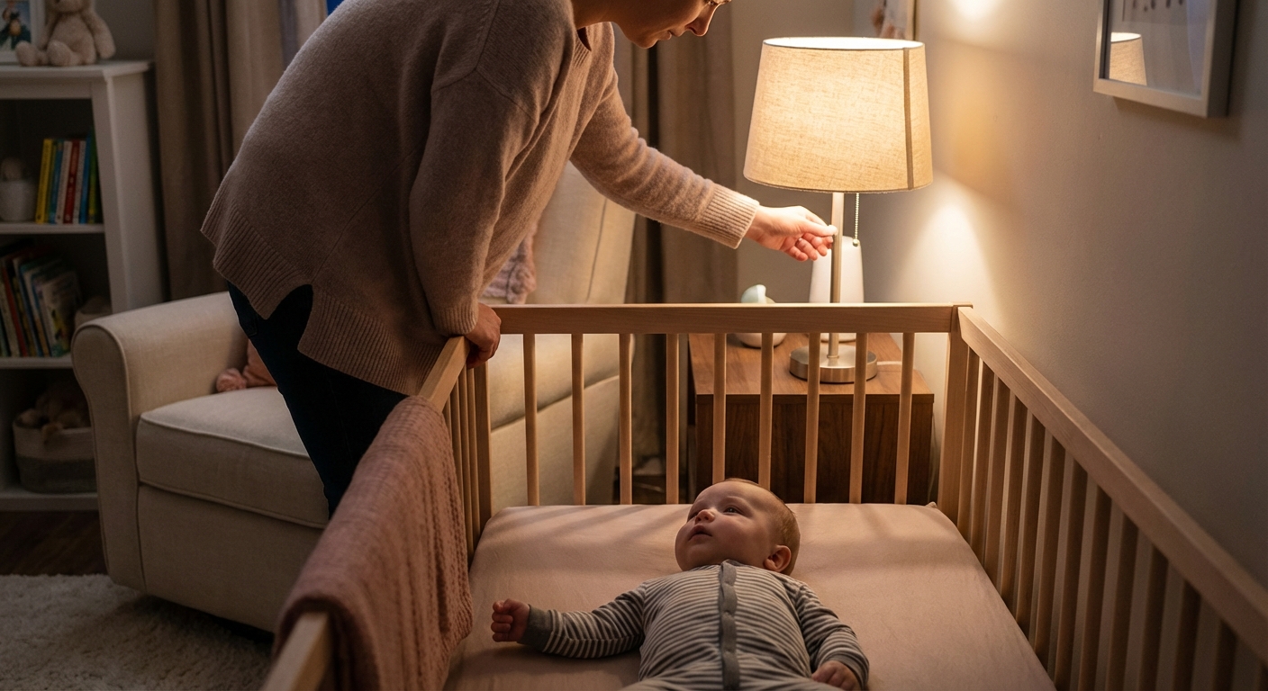 A parent standing beside a crib in a calm nursery, gently dimming a lamp while a baby in pajamas looks up, cozy evening atmosphere, photorealistic lifestyle photography