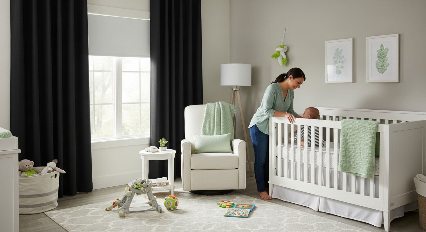A parent standing in a dim nursery adjusting blackout curtains beside a crib at bedtime, realistic home photograph