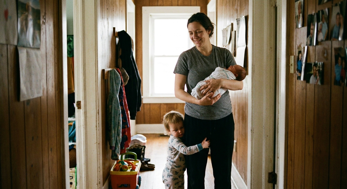 A parent standing in a hallway holding a swaddled newborn while a toddler hugs the parent's leg, candid home photo with soft natural light