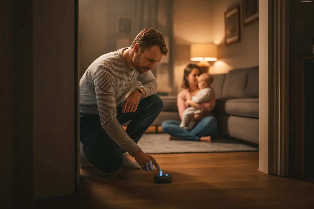 A parent standing in a home hallway holding a carbon monoxide detector instruction booklet while looking up at a wall-mounted CO alarm near bedroom doors, realistic indoor photo
