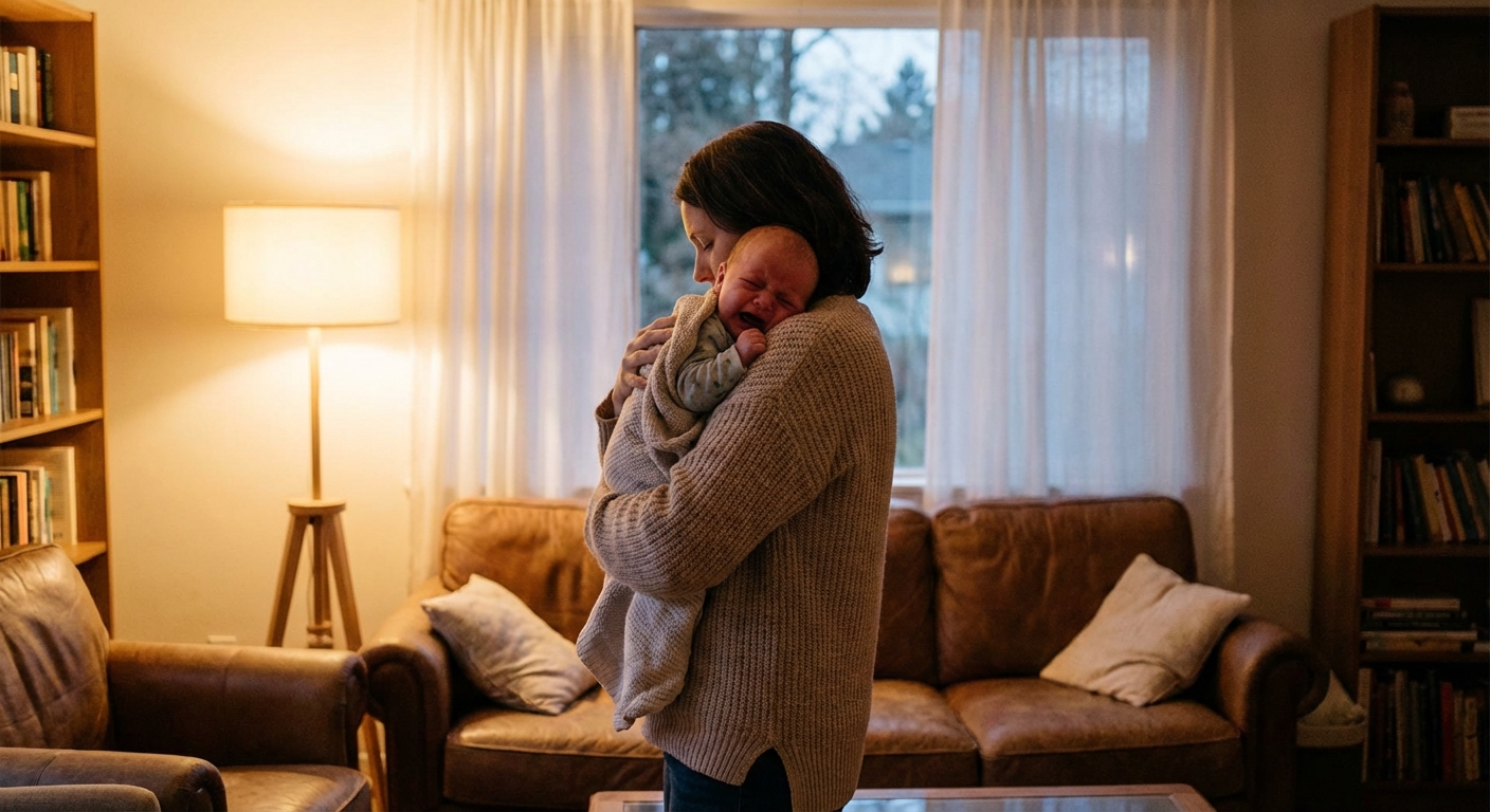 A parent standing in a softly lit living room holding a fussy six-week-old baby against their shoulder while gently rocking, candid lifestyle photography