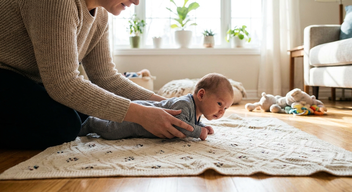 A parent supervising a newborn doing tummy time on a soft blanket in a living room, with the baby's arms supported comfortably, natural daylight photo