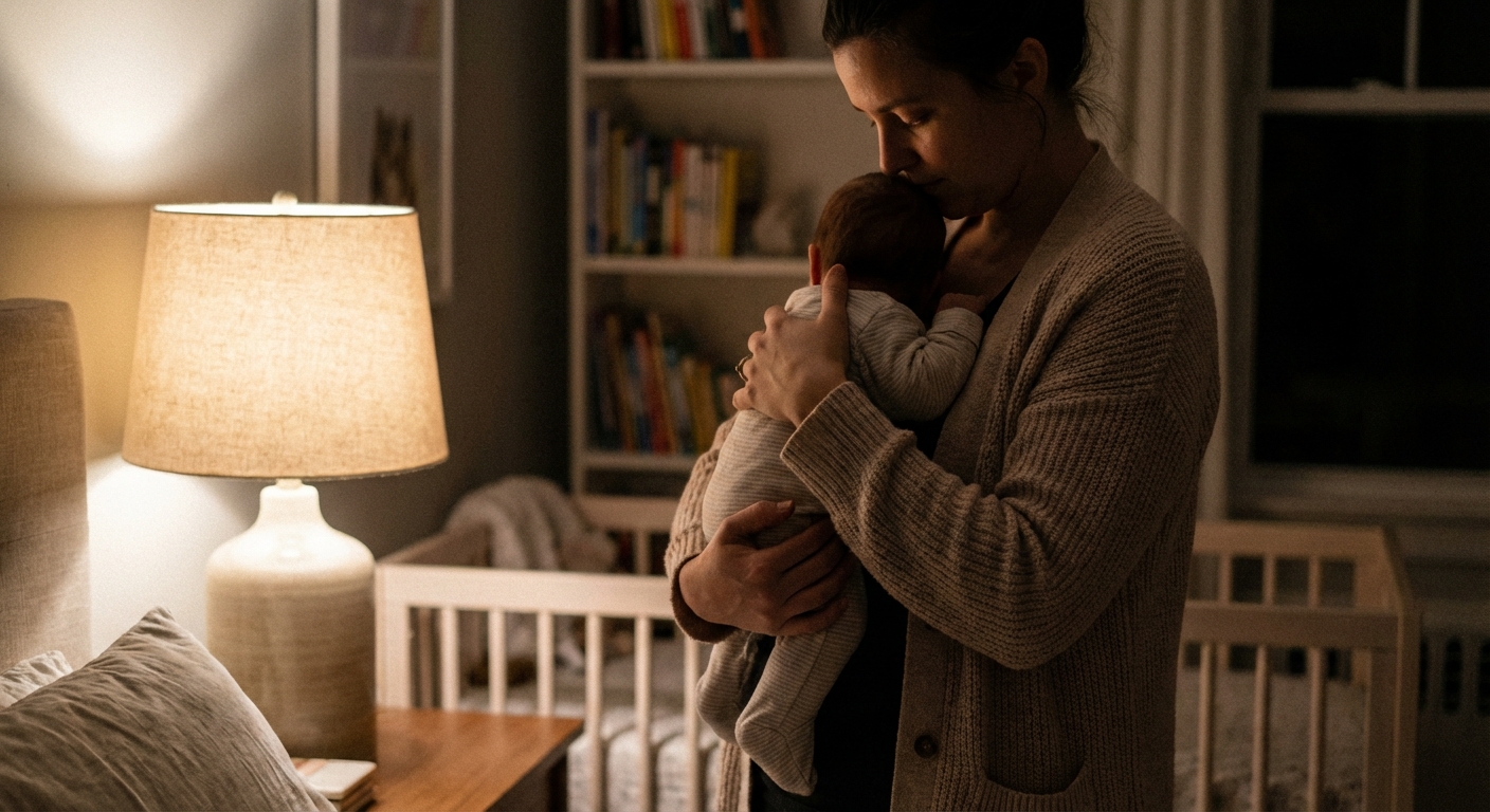 A parent swaying gently while holding a newborn upright against their chest in a dim bedroom with a soft lamp, calm nighttime atmosphere, photorealistic lifestyle photo