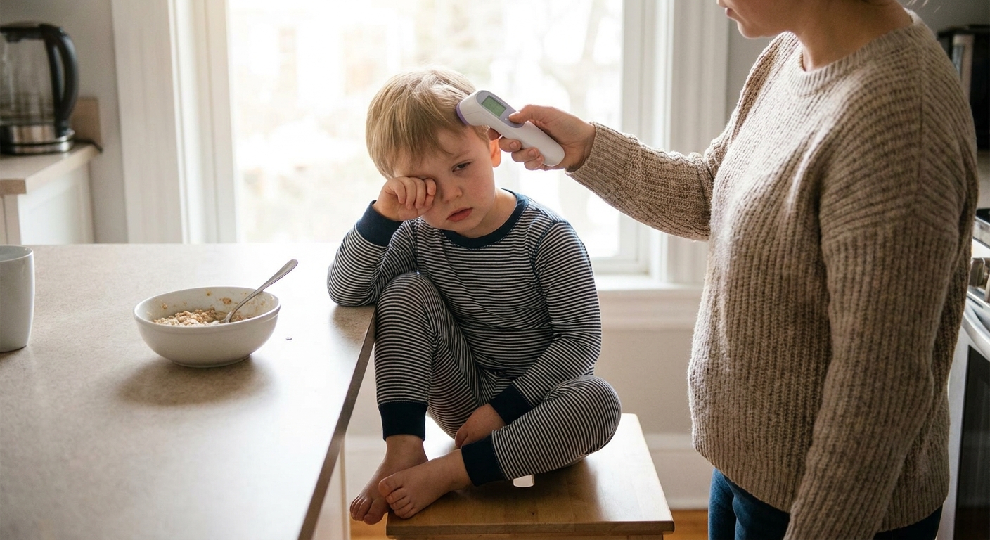 A parent taking a child’s temperature with a digital thermometer in a kitchen while the child sits on a stool looking tired, natural light photo