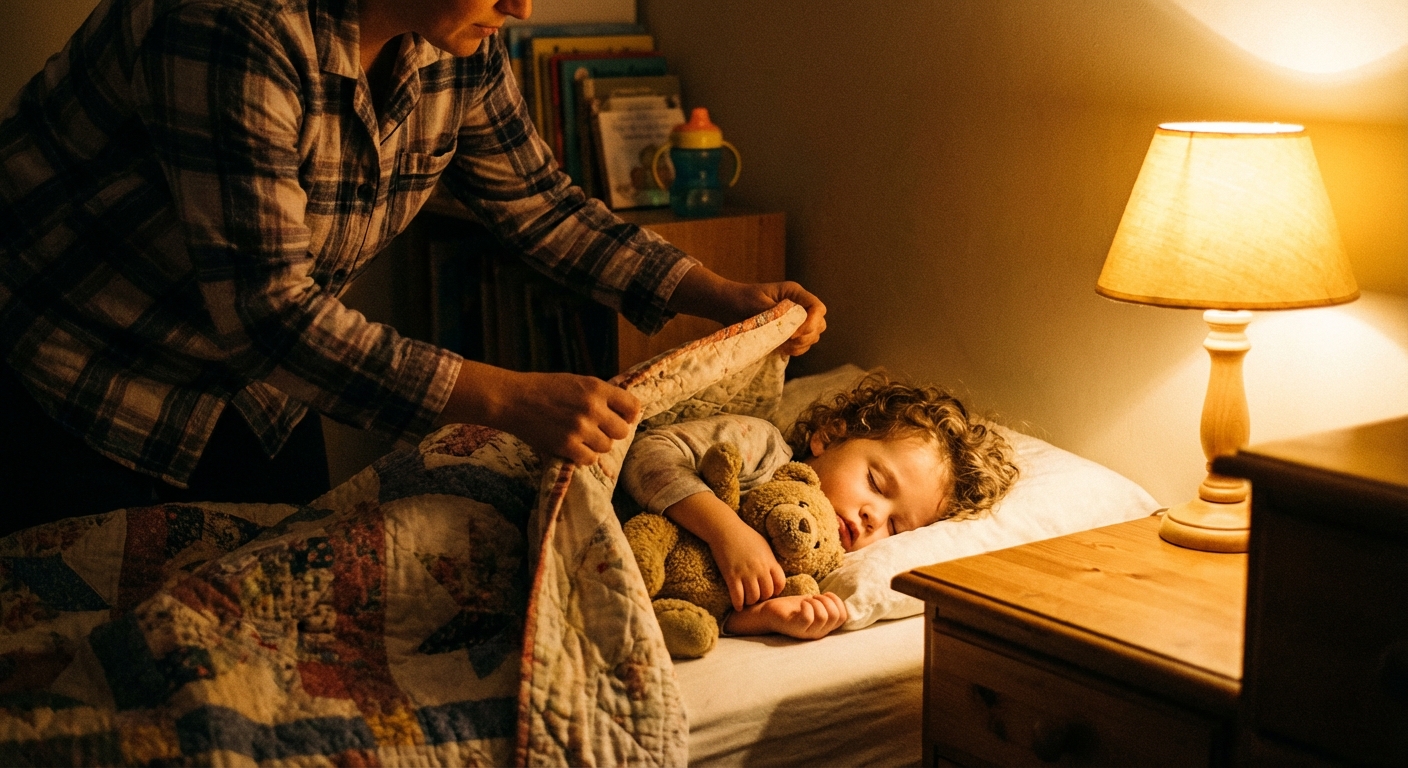 A parent tucking a toddler into bed with a stuffed animal while a dim bedside lamp glows, calm nighttime home photo