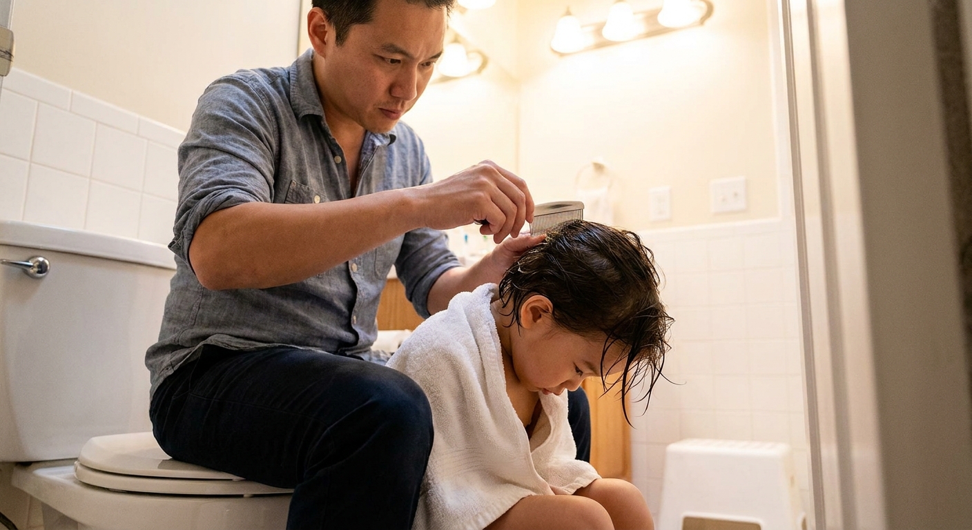 A parent using a fine-tooth lice comb to check a child’s damp hair under bright bathroom lighting, realistic photo
