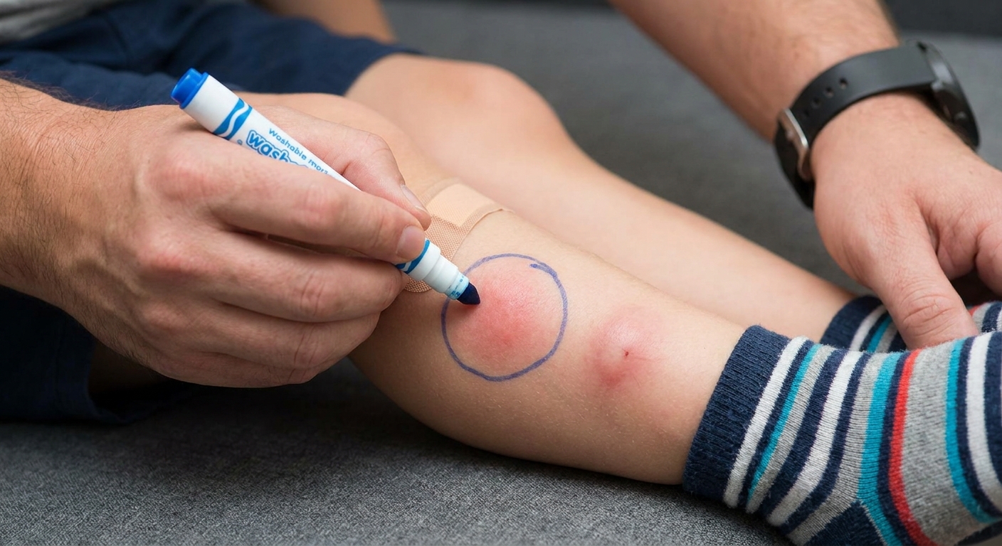 A parent using a washable marker to trace the edge of redness around a swollen mosquito bite on a child's calf, close-up photo
