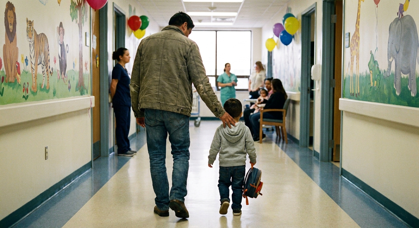 A parent walking beside a small child down a pediatric hospital hallway, both seen from behind, realistic photo