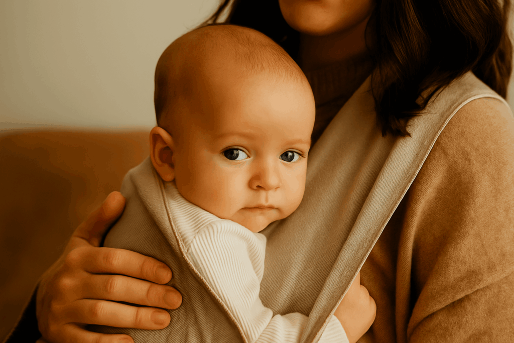 A parent washing hands at a kitchen sink while another adult holds a newborn baby in the background at home, real-life family photo