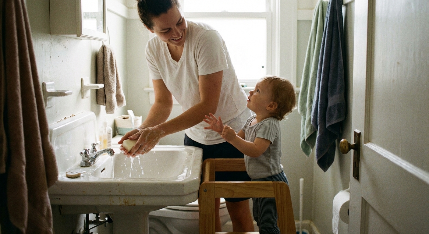 A parent washing hands with soap at a bathroom sink while a toddler stands nearby on a small step stool, candid home photography, photorealistic