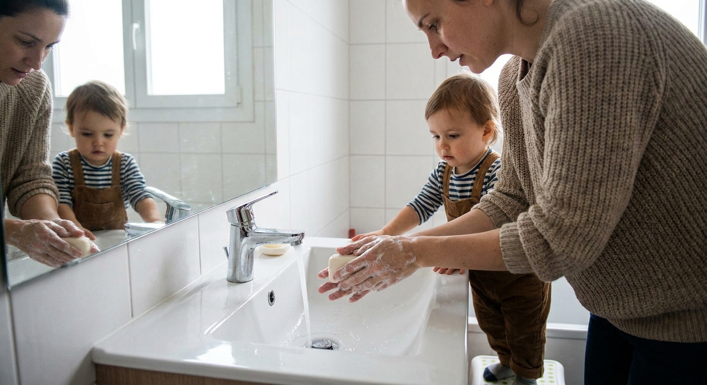 A parent washing hands with soap at a bathroom sink with a child standing nearby, realistic photo