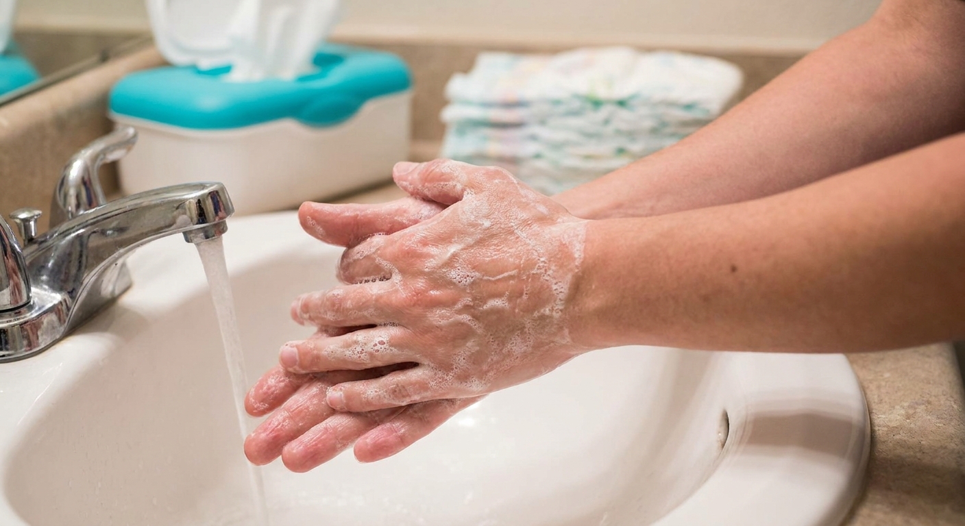 A parent washing hands with soap at a bathroom sink after a diaper change, close-up real photograph style
