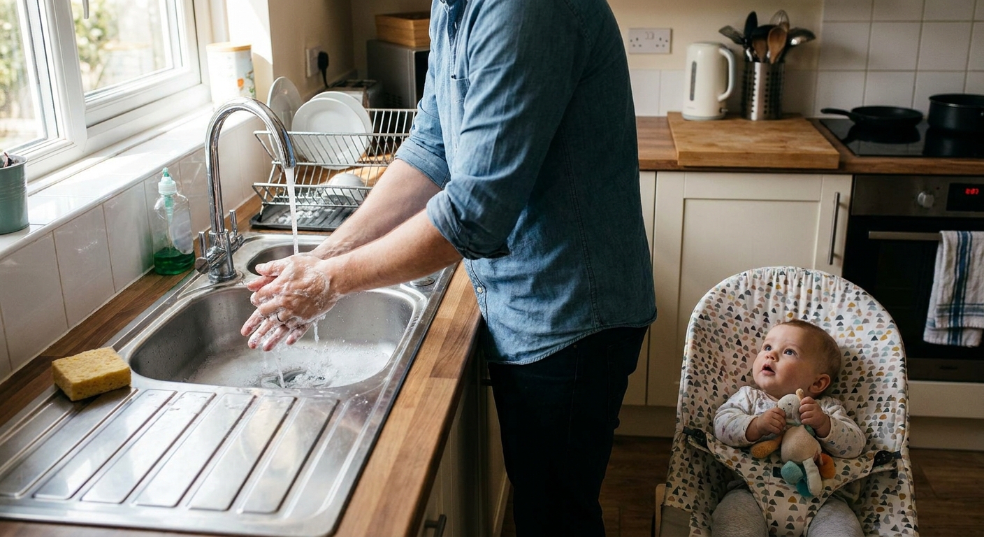 A parent washing hands with soap at a kitchen sink while a baby sits nearby in a bouncer, realistic photo