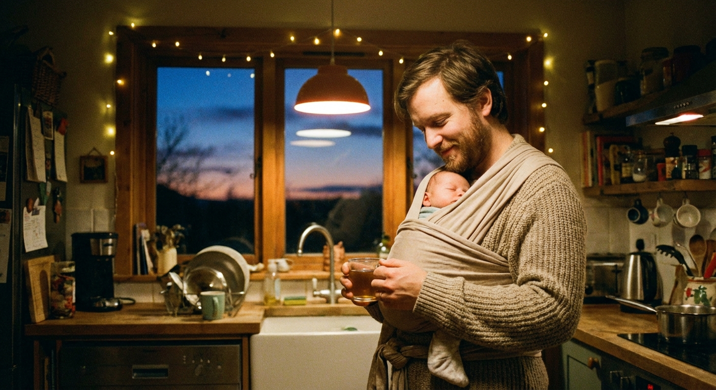 A parent wearing a newborn in a soft wrap carrier while gently rocking in a kitchen at dusk, warm indoor light, photorealistic lifestyle photo