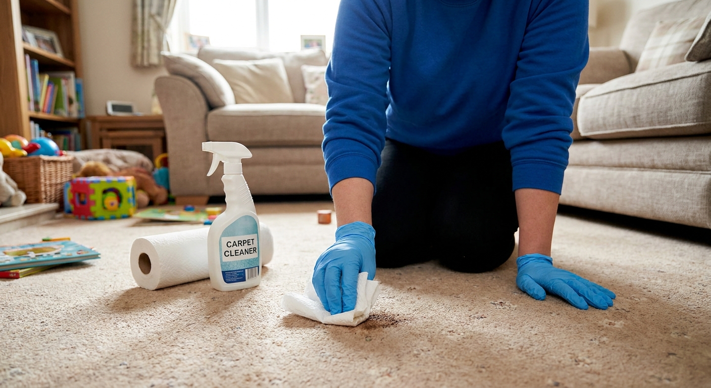 A parent wearing disposable gloves blotting a small spot on a carpet with paper towels and cleaning solution in a family living room, realistic photo