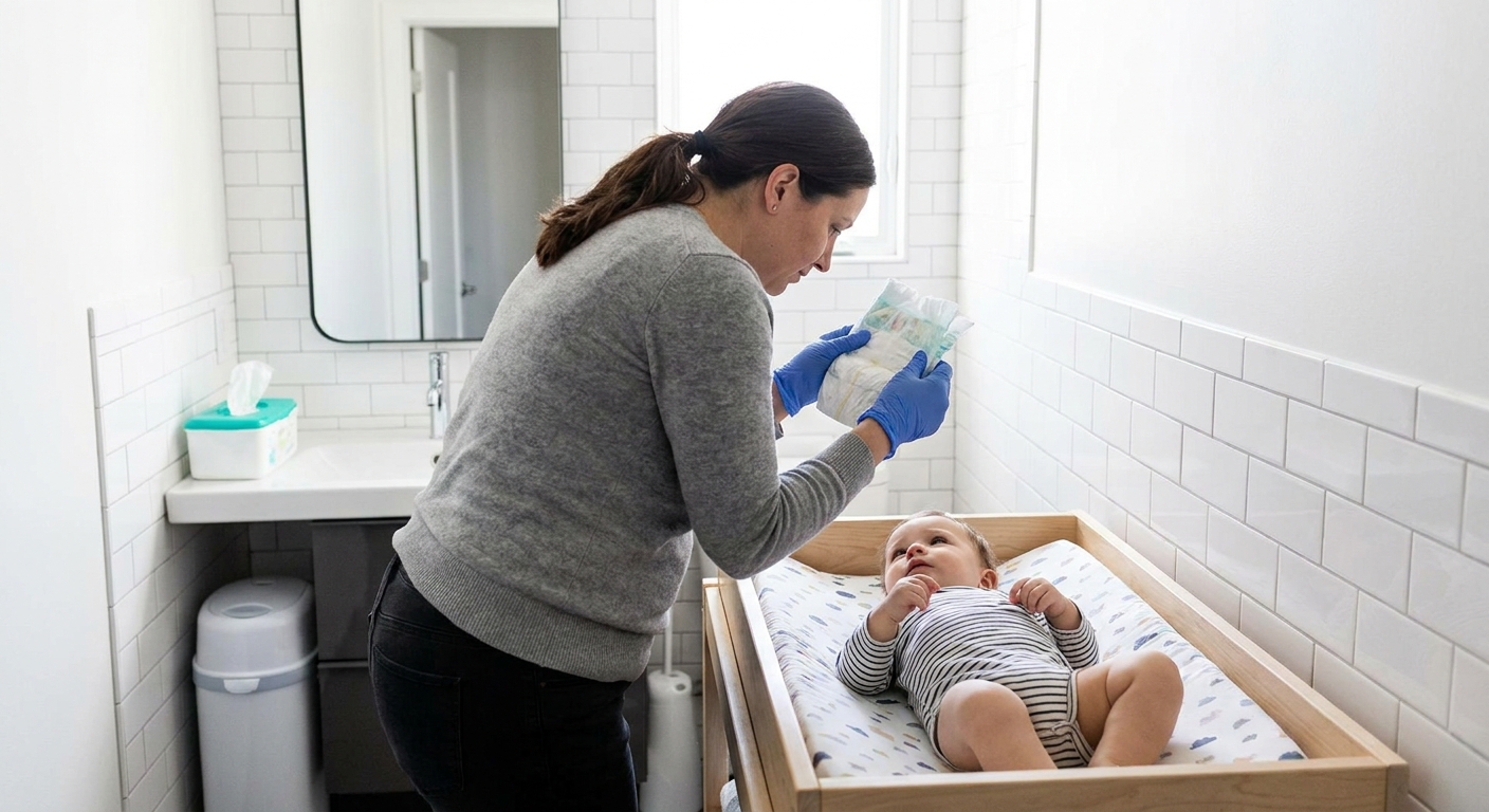 A parent wearing disposable gloves examining a toddler diaper on a changing table in a clean bathroom, realistic photo